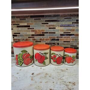 Set of 4 Vintage Ballonoff Canisters, Fruit Design Tin Containers, Kitchen Decor